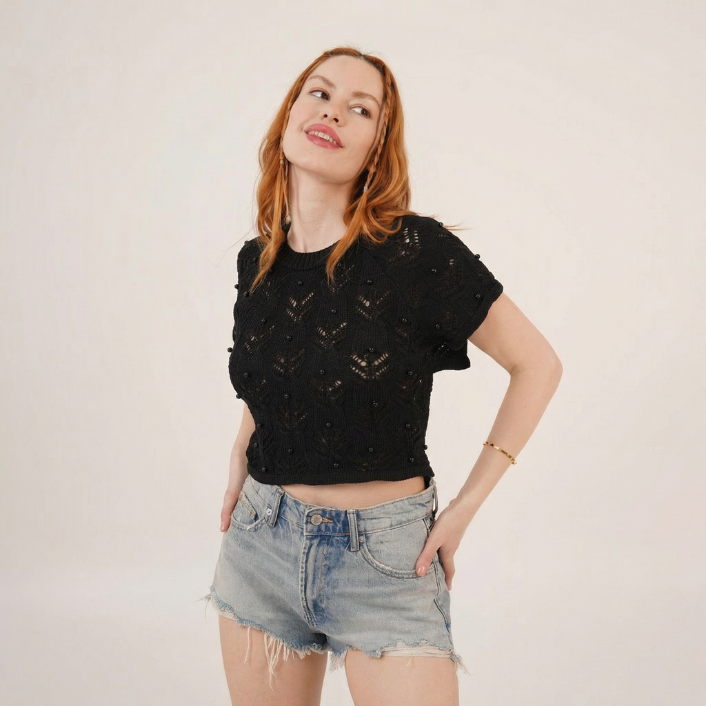 Chic Black Boho Crochet-Style Beaded Crop Top with Short Sleeves