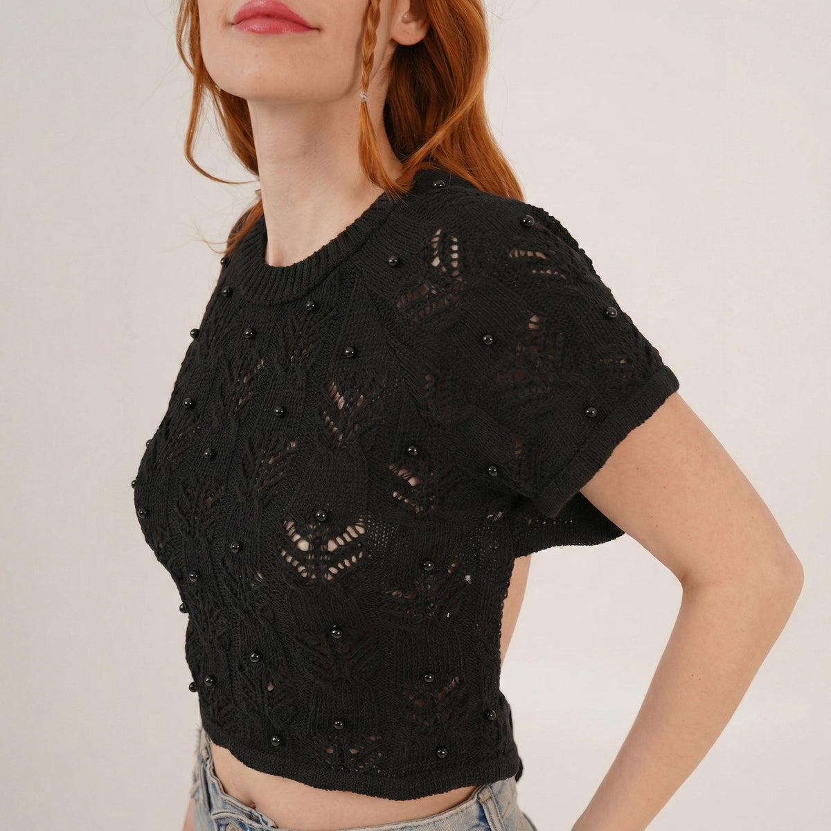 Chic Black Boho Crochet-Style Beaded Crop Top with Short Sleeves
