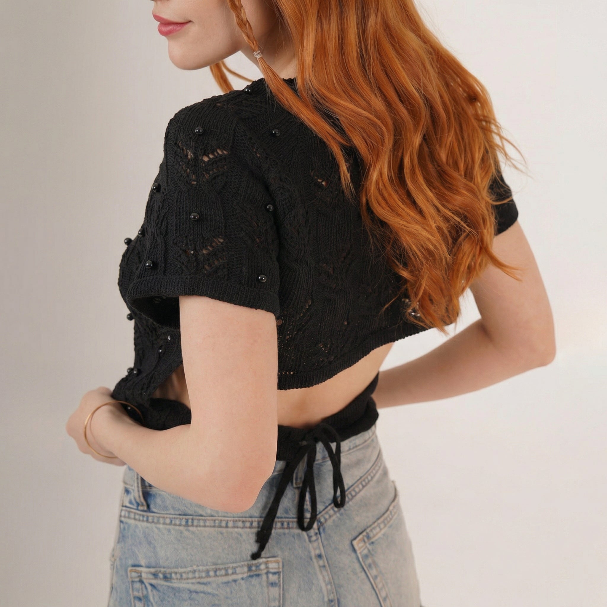 Chic Black Boho Crochet-Style Beaded Crop Top with Short Sleeves