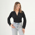 Elegant Black Ruched Wrap Blouse with Balloon Sleeves