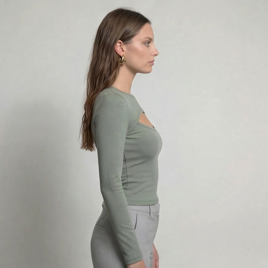 Sage Green Cut-Out Long Sleeve Cropped Blouse