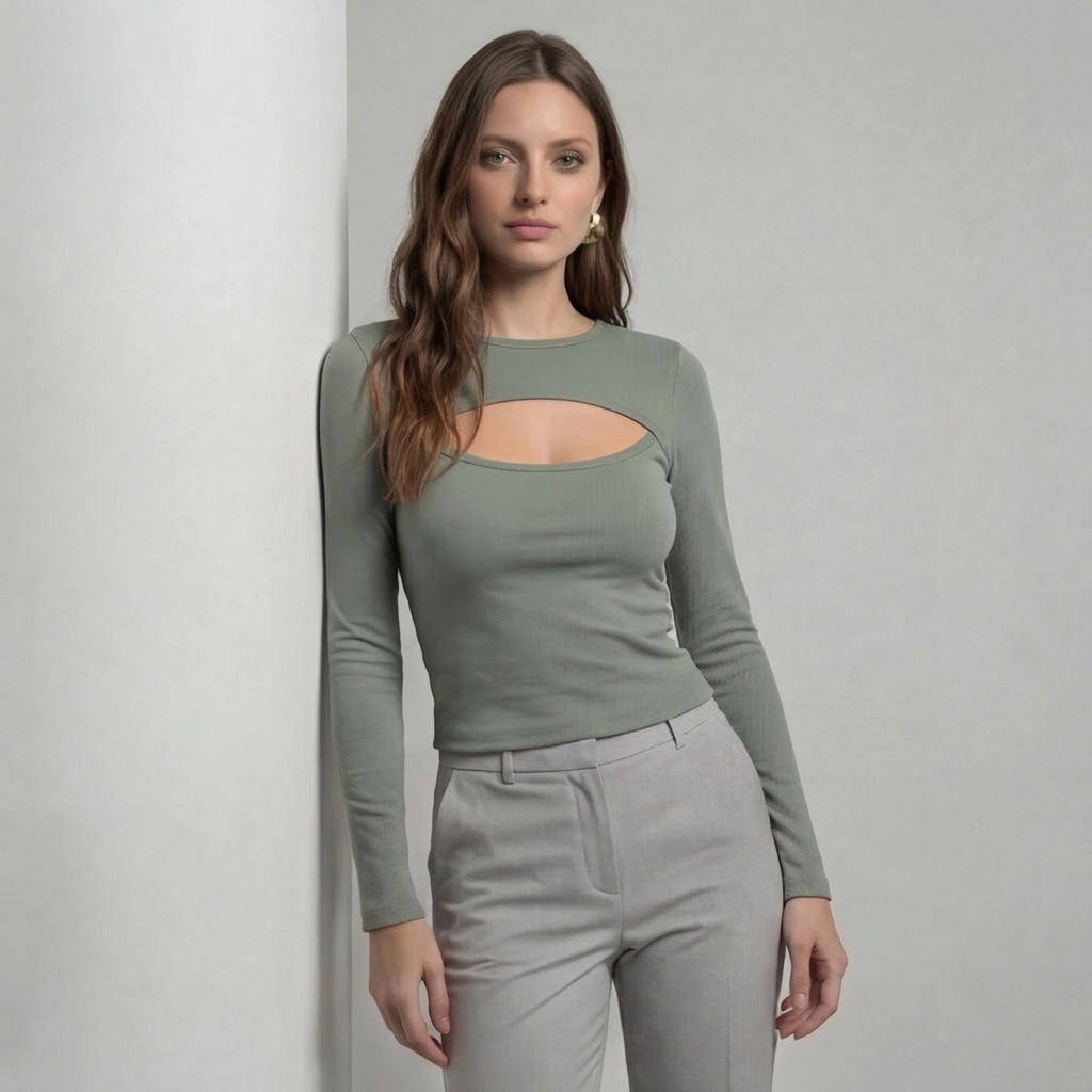 Sage Green Cut-Out Long Sleeve Cropped Blouse