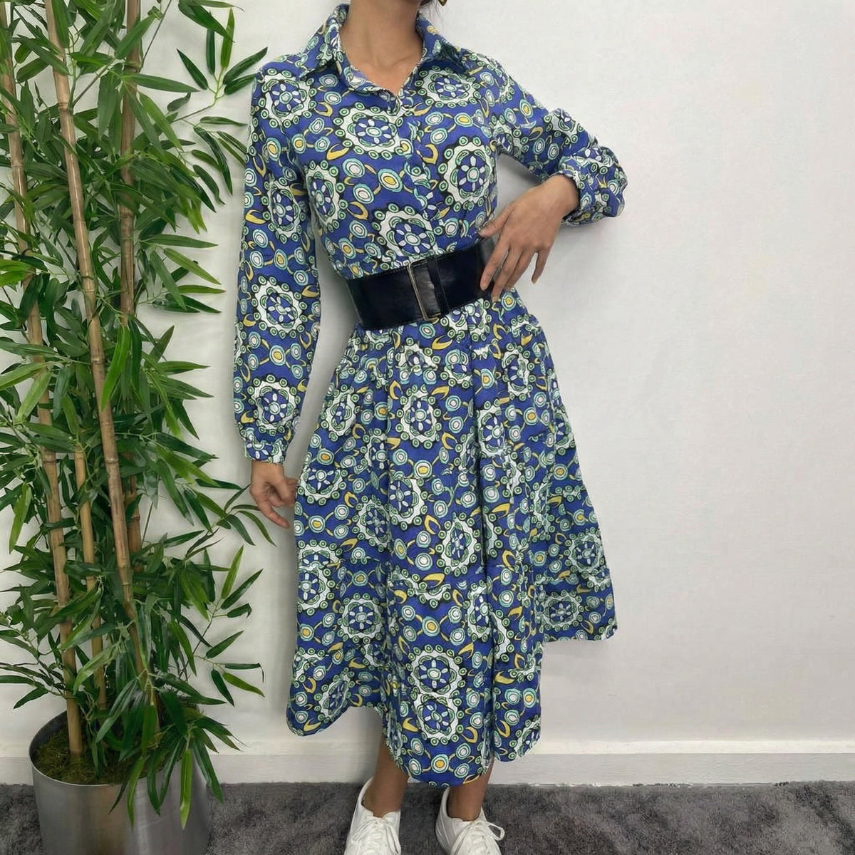 Blue Retro Geometric Pattern Poplin Midi Shirt Dress