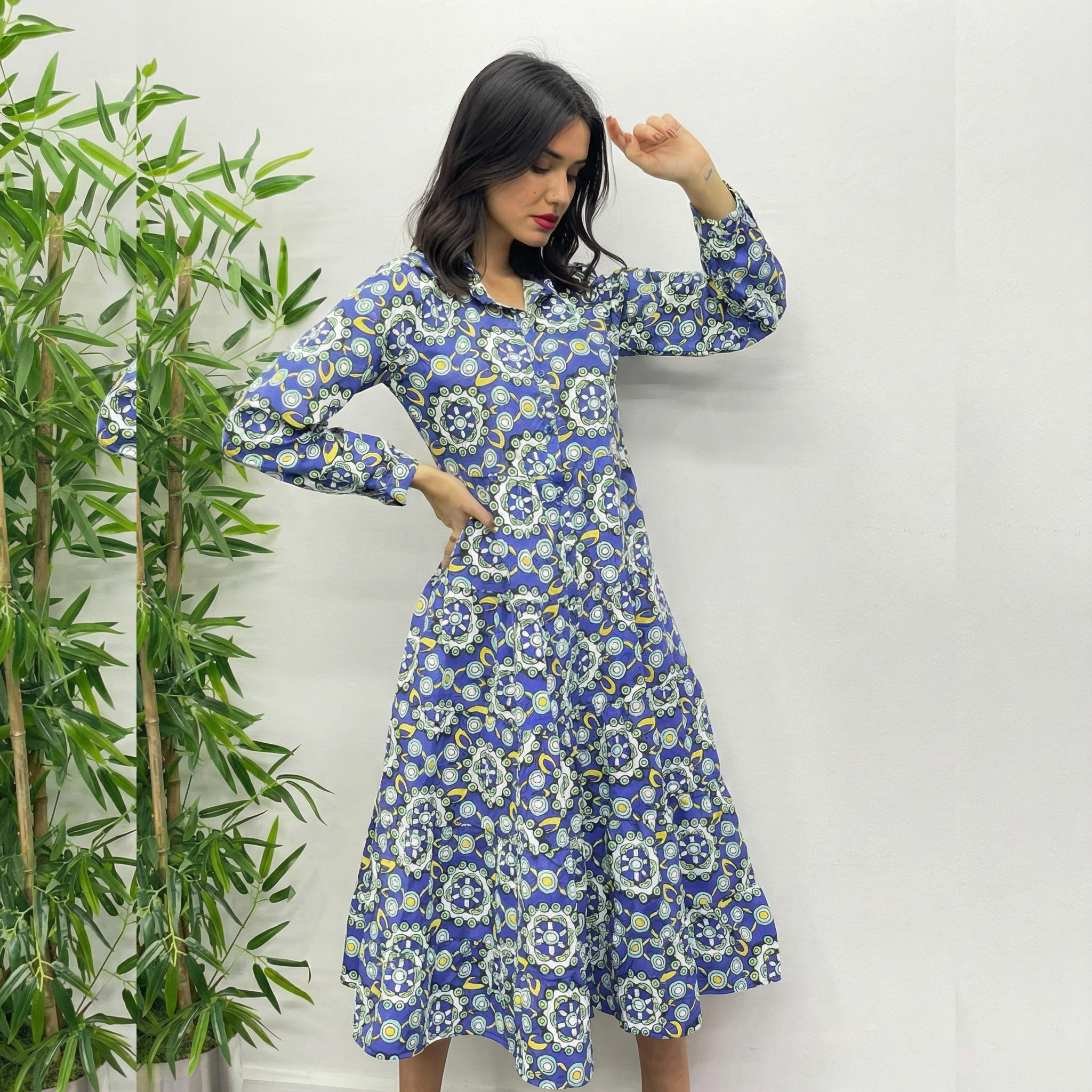 Blue Retro Geometric Pattern Poplin Midi Shirt Dress