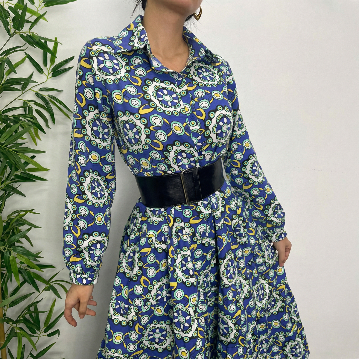 Blue Retro Geometric Pattern Poplin Midi Shirt Dress