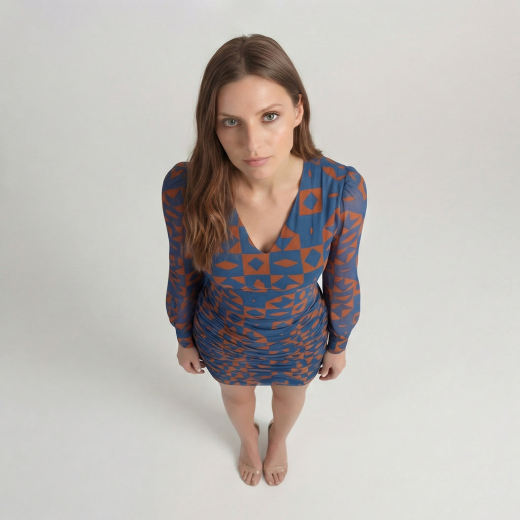 Blue and Rust Geometric Ruched V-Neck Mini Dress