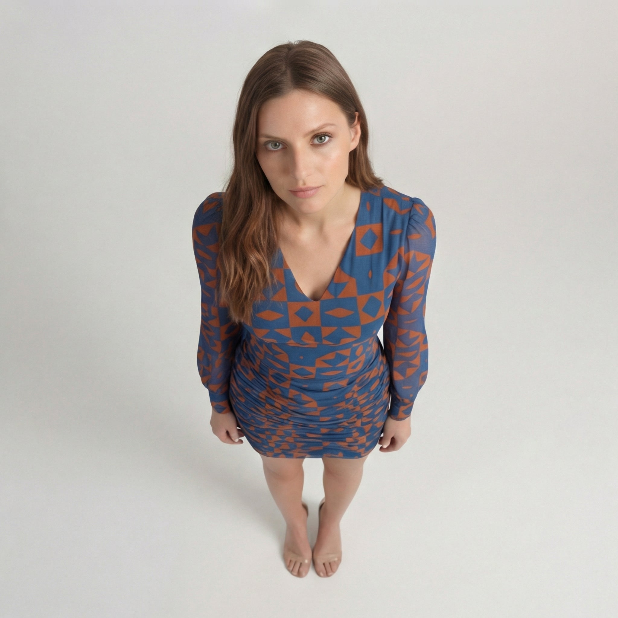 Blue and Rust Geometric Ruched V-Neck Mini Dress