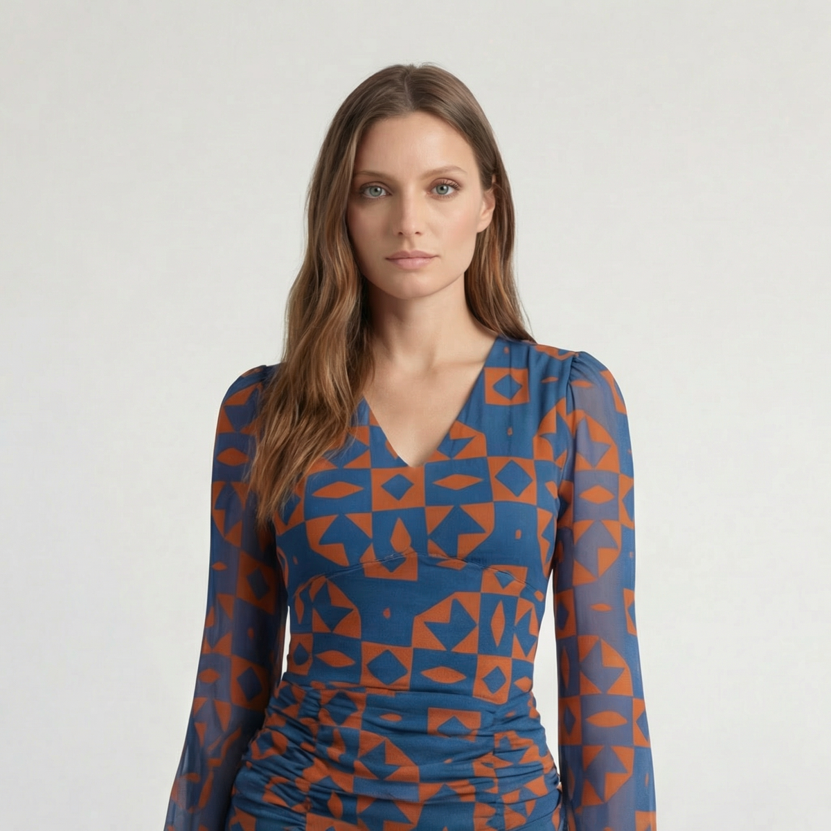 Blue and Rust Geometric Ruched V-Neck Mini Dress