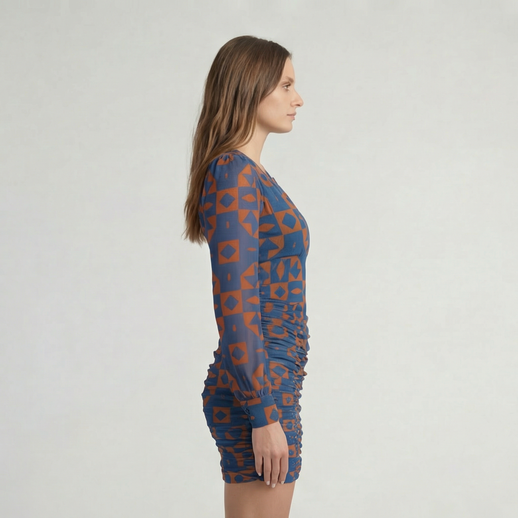 Blue and Rust Geometric Ruched V-Neck Mini Dress