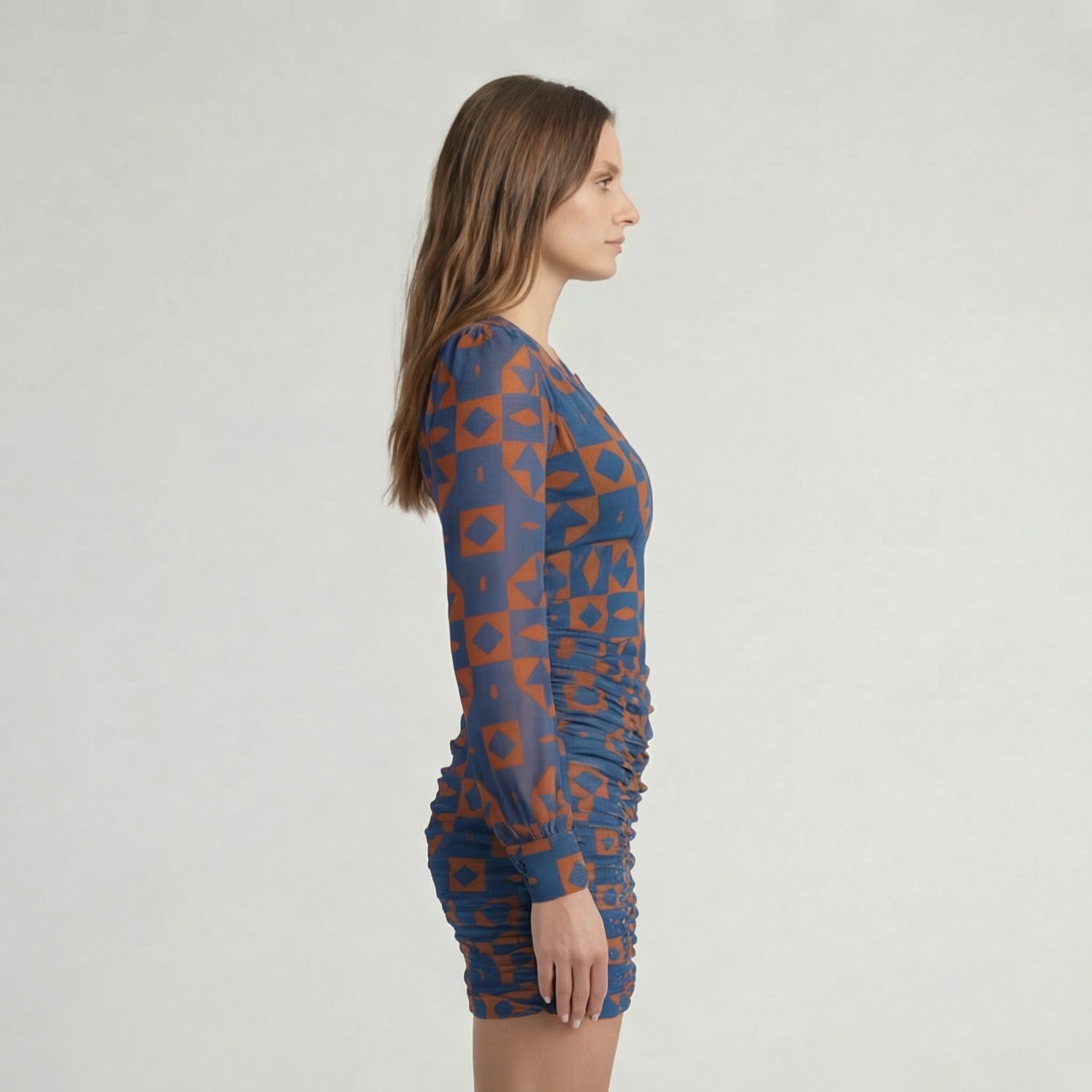 Blue and Rust Geometric Ruched V-Neck Mini Dress