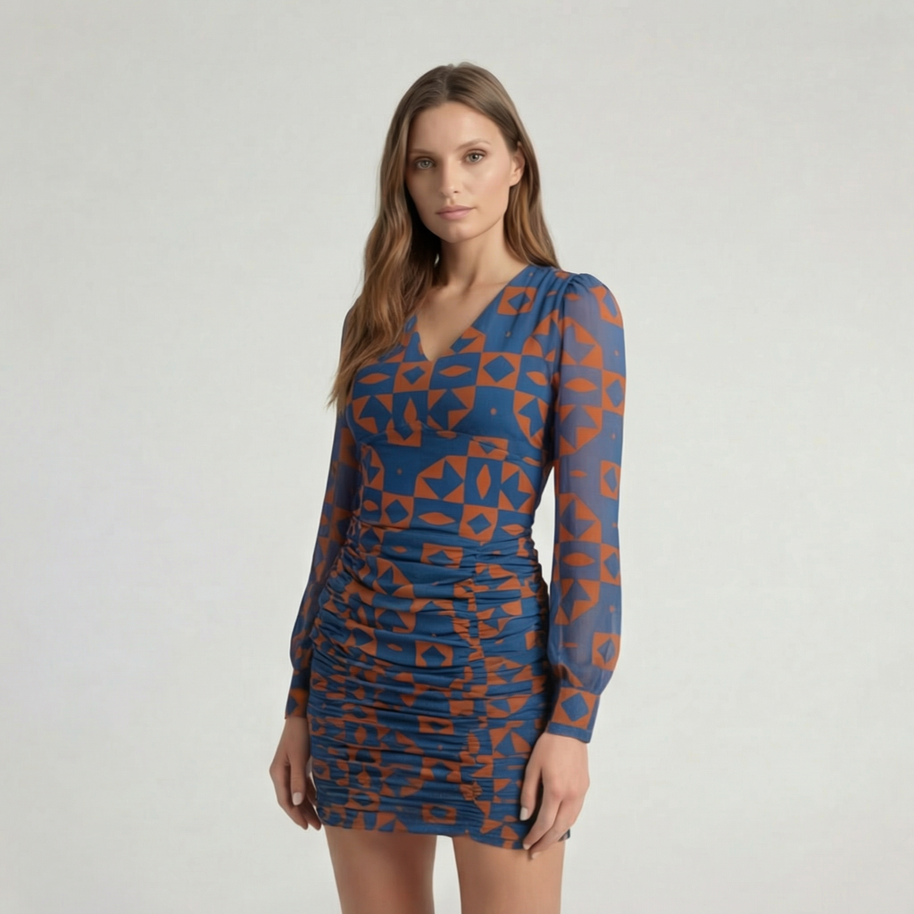 Blue and Rust Geometric Ruched V-Neck Mini Dress