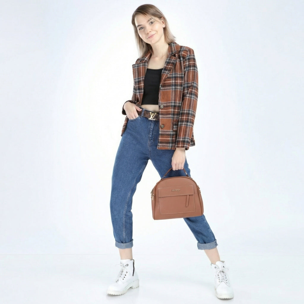 Einreihiger Blazer in Herbstbraun mit Karomuster