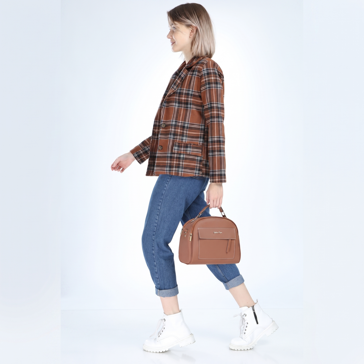 Einreihiger Blazer in Herbstbraun mit Karomuster