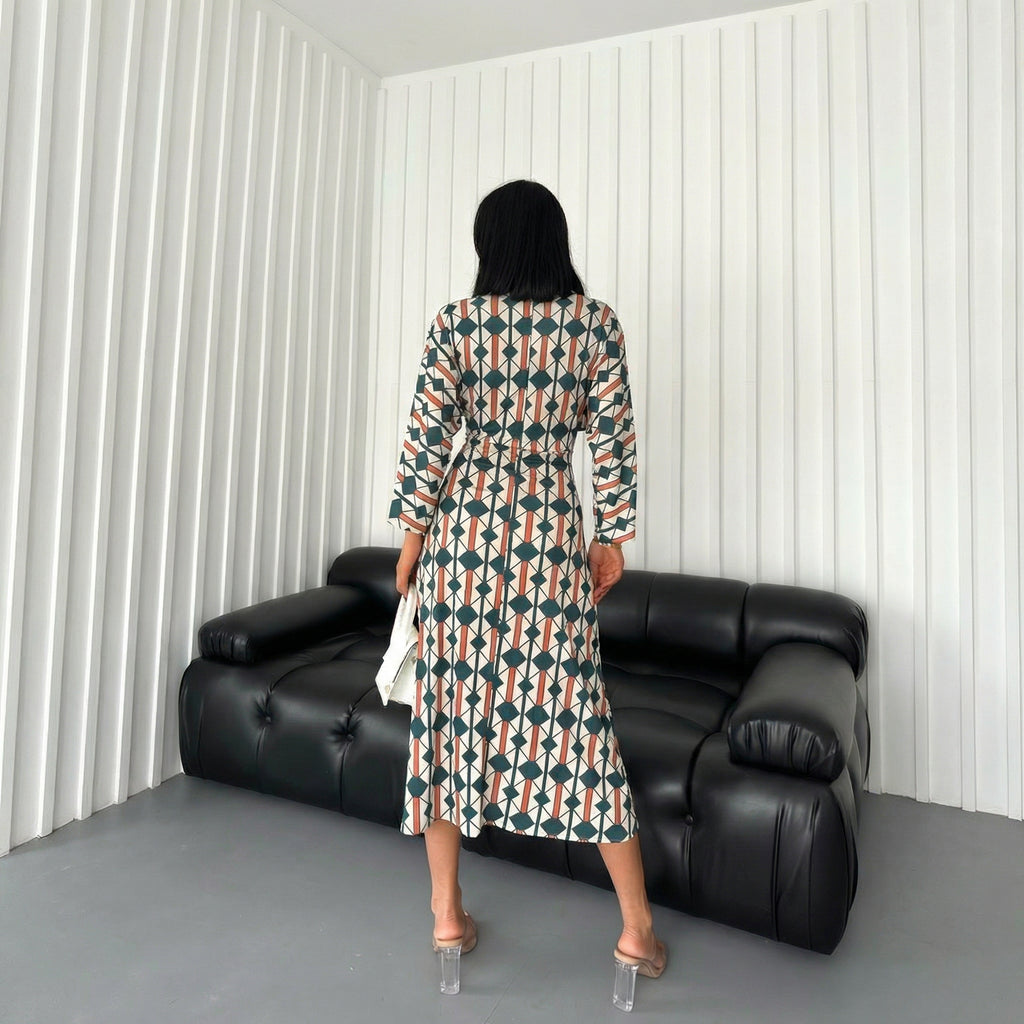 Green Geometric Diamond Print Twist Front Midi Dress
