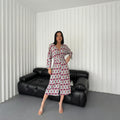 Purple Geometric Pattern Twist Front Midi Dress