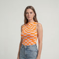 Orange Illusion Wavy Checkerboard Sleeveless Knit Top