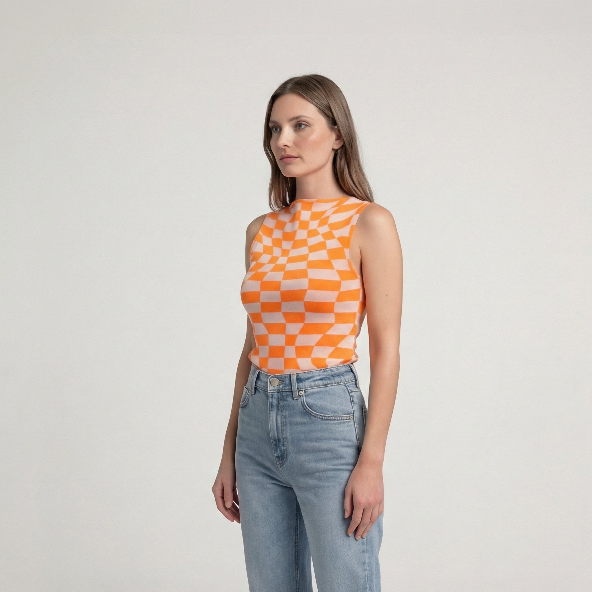 Ärmelloses Stricktop mit orangefarbenem Illusion-Schachbrettmuster