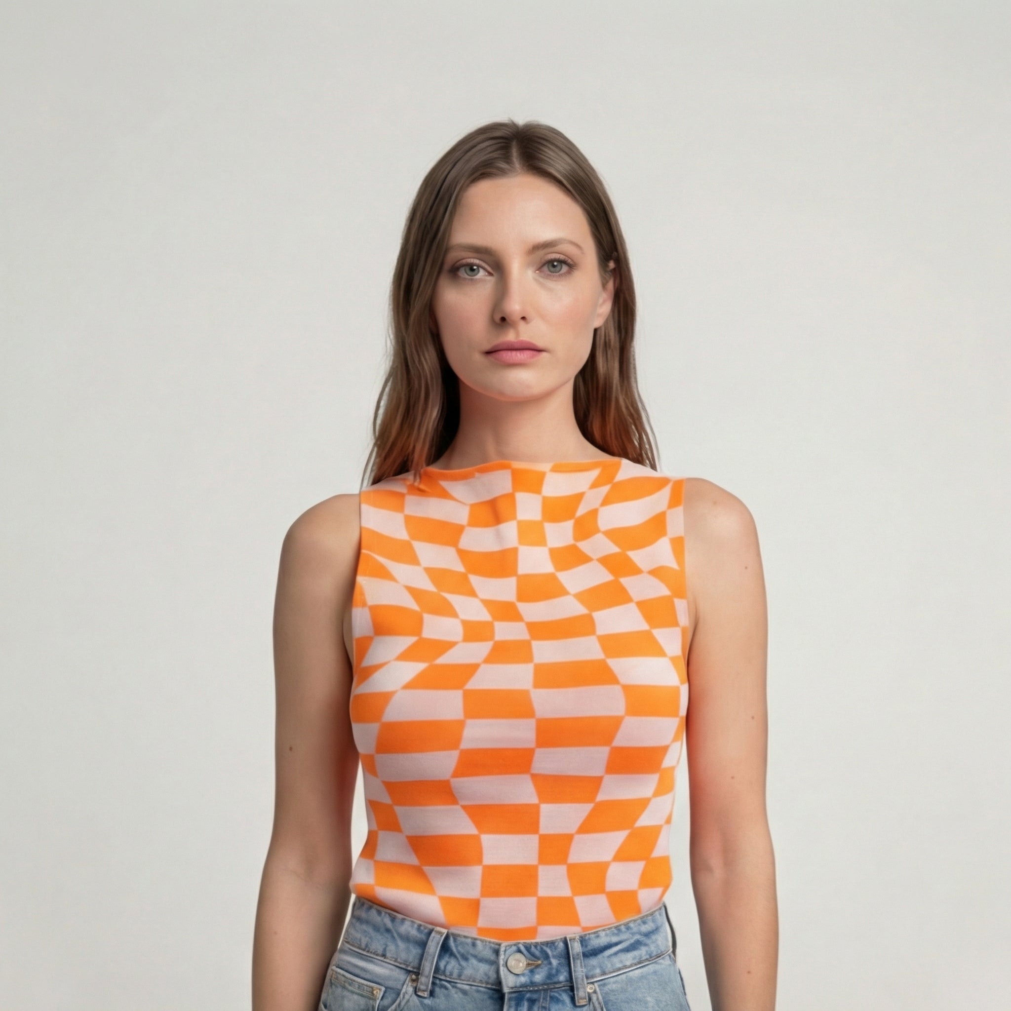 Ärmelloses Stricktop mit orangefarbenem Illusion-Schachbrettmuster