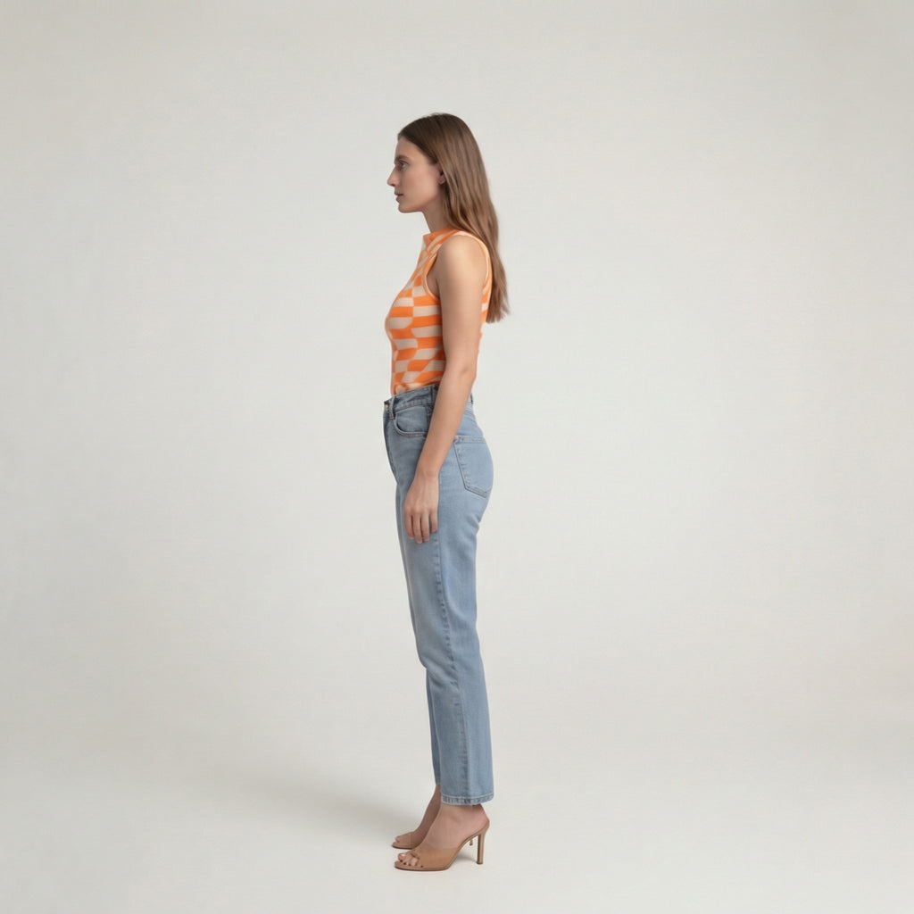 Orange Illusion Wavy Checkerboard Sleeveless Knit Top