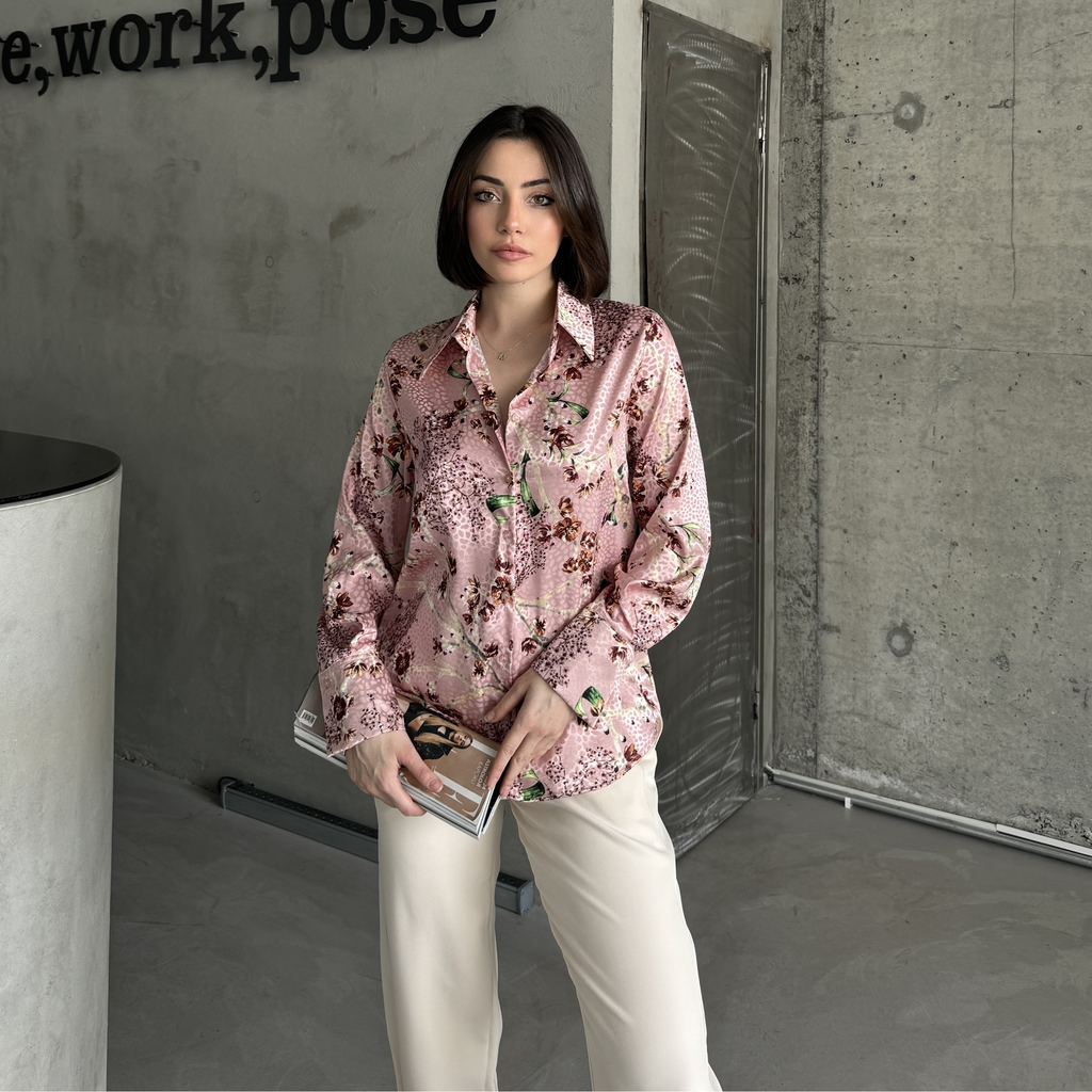 Pink Plum Branch Floral Print Satin Long Sleeve Shirt