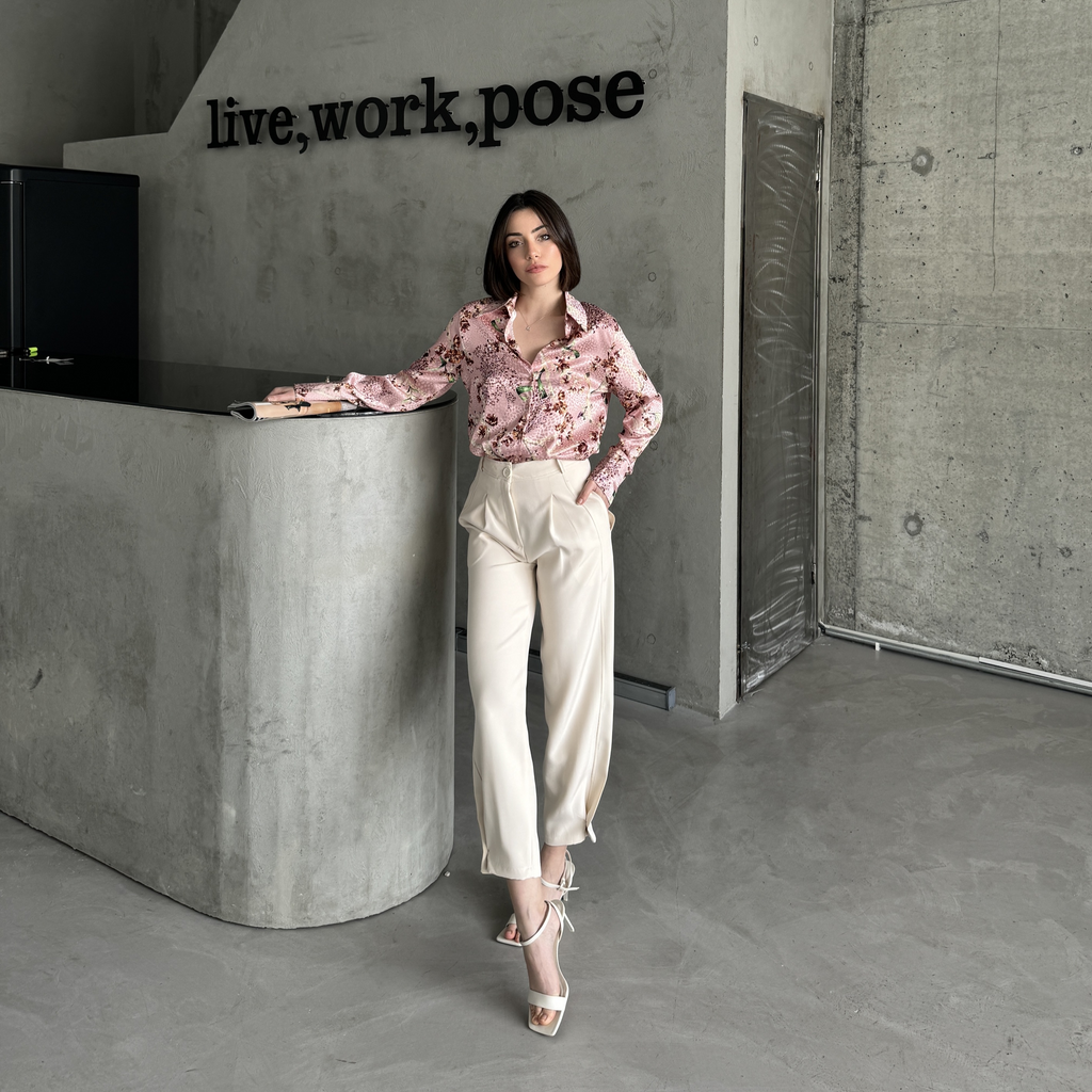 Pink Plum Branch Floral Print Satin Long Sleeve Shirt