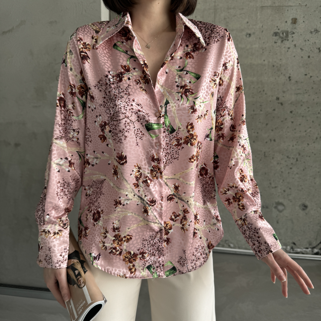 Pink Plum Branch Floral Print Satin Long Sleeve Shirt