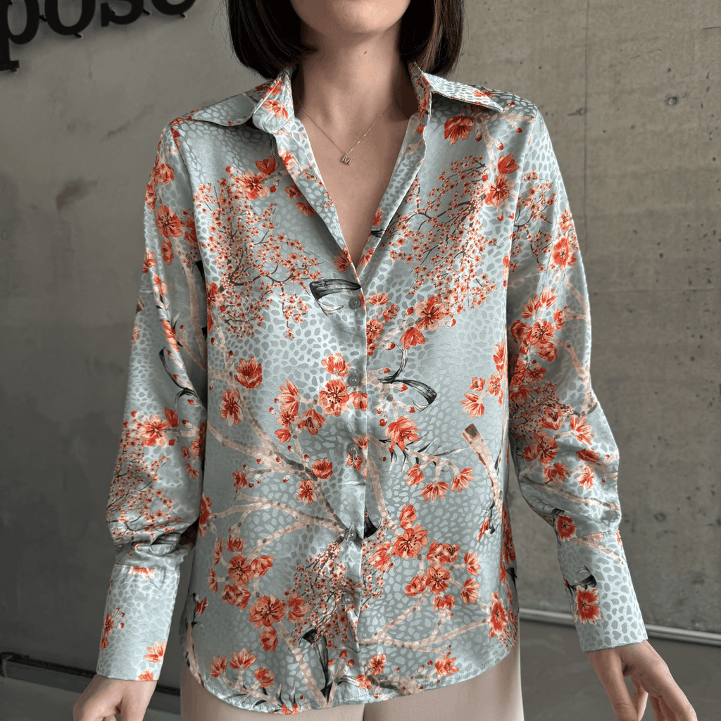 Plum Branch Satin-Finish Printed Shirt in Mint Green