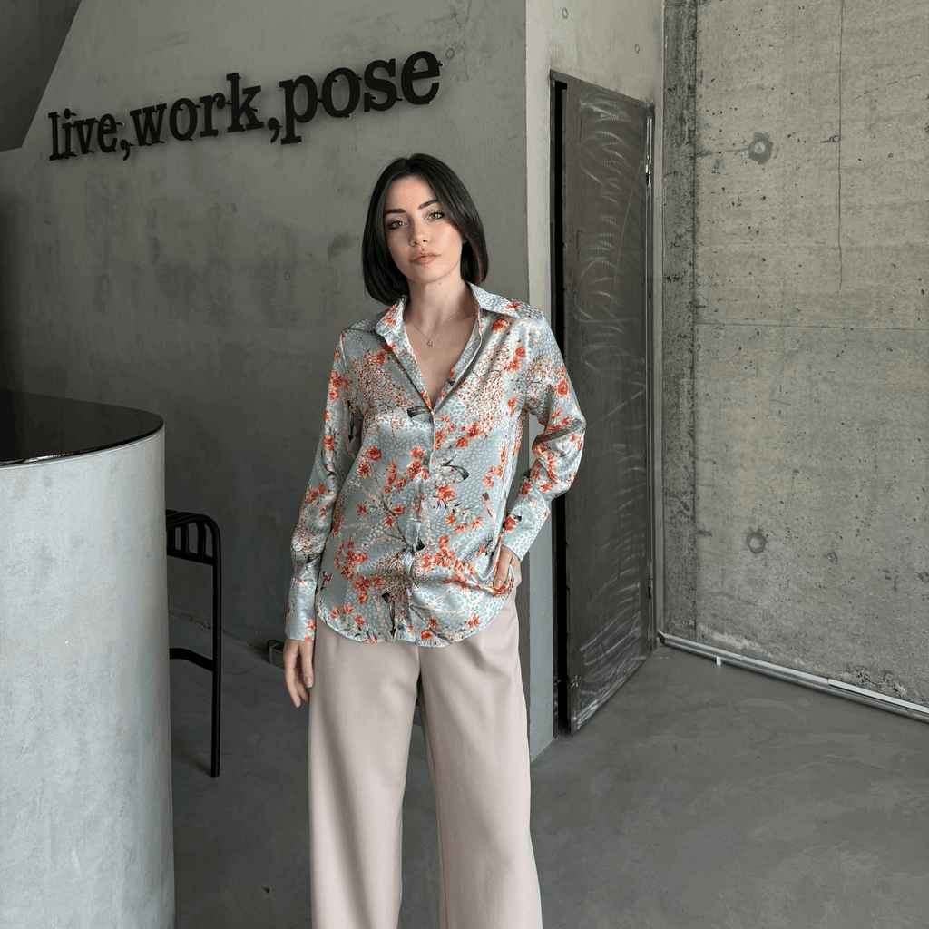 Plum Branch Satin-Finish Printed Shirt in Mint Green