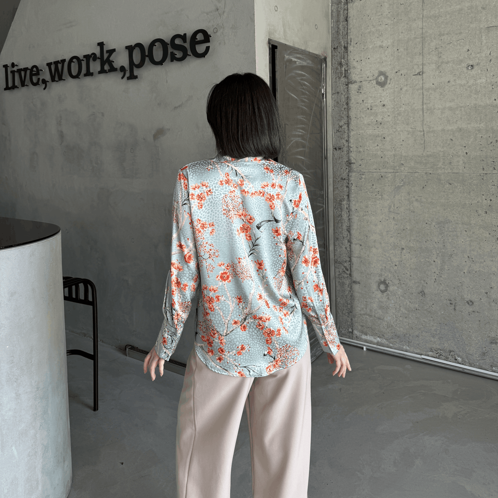 Plum Branch Satin-Finish Printed Shirt in Mint Green