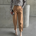 Tailored Button-Hem Tapered Trousers in Warm Camel