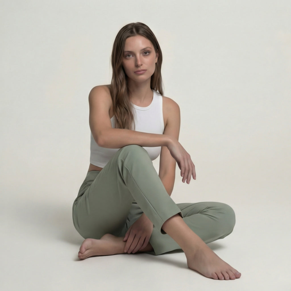 Sage Green High-Waisted Darted Trousers