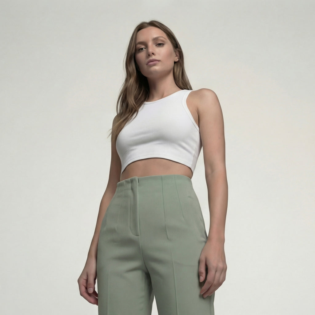 Sage Green High-Waisted Darted Trousers