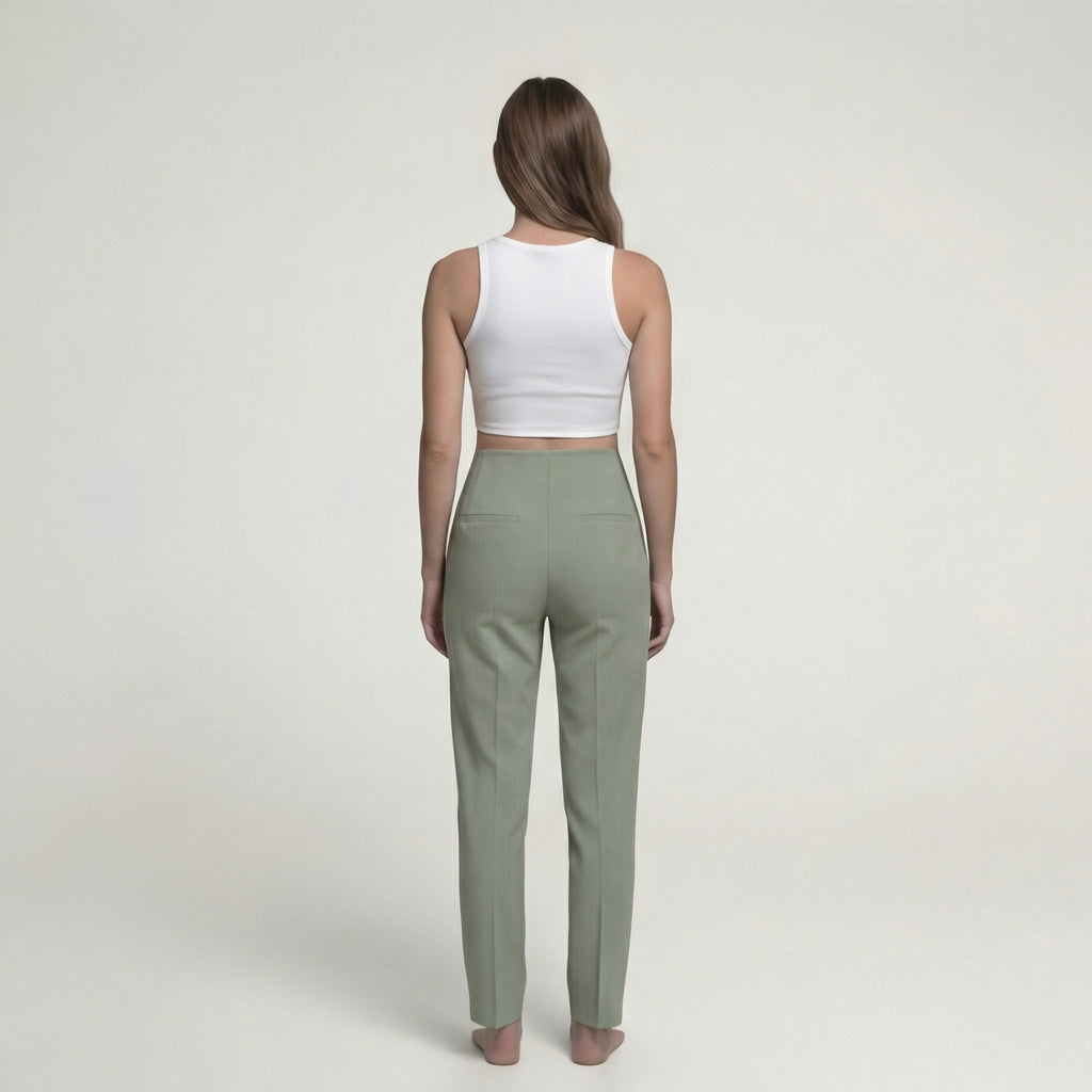 Sage Green High-Waisted Darted Trousers