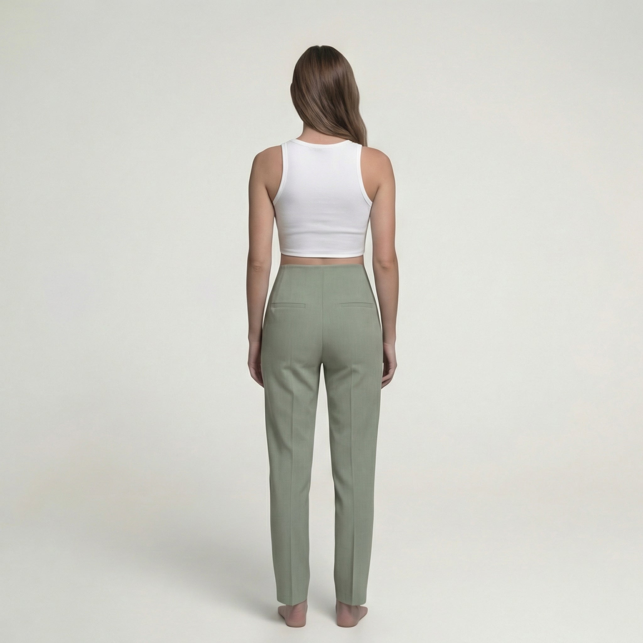 Sage Green High-Waisted Darted Trousers