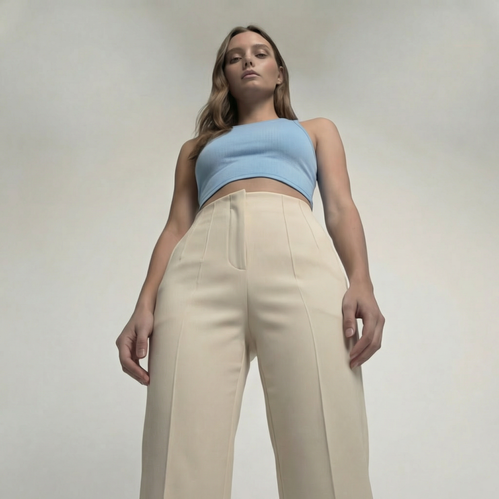 Hochgeschnittene, taillierte Bundfaltenhose in Cremébeige
