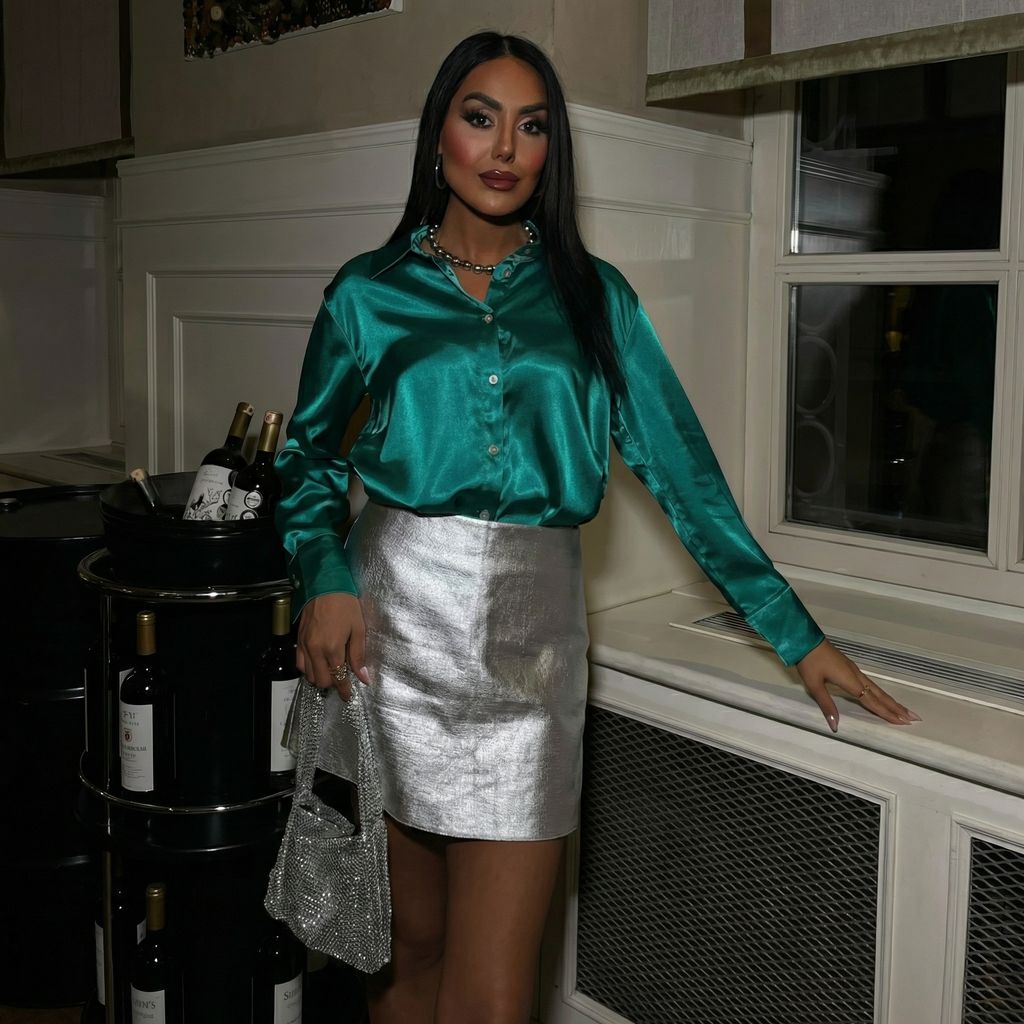 Premium Emerald Green Satin Long Sleeve Button-Up Shirt