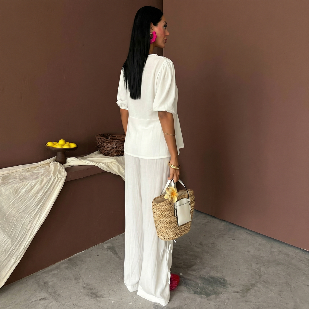 White Crinkle Front Tie Top and Slit Trousers Co-ord Set