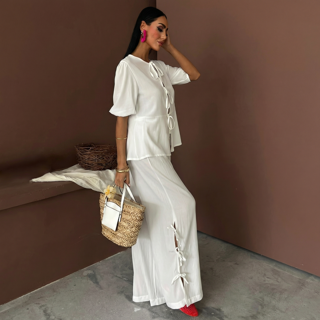 White Crinkle Front Tie Top and Slit Trousers Co-ord Set