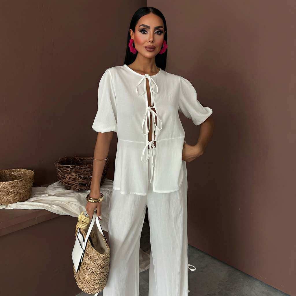White Crinkle Front Tie Top and Slit Trousers Co-ord Set