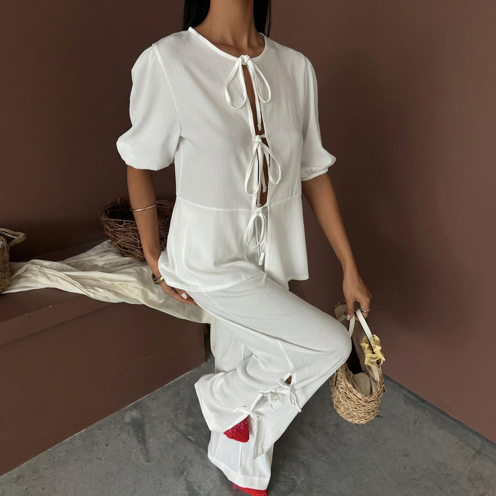 White Crinkle Front Tie Top and Slit Trousers Co-ord Set
