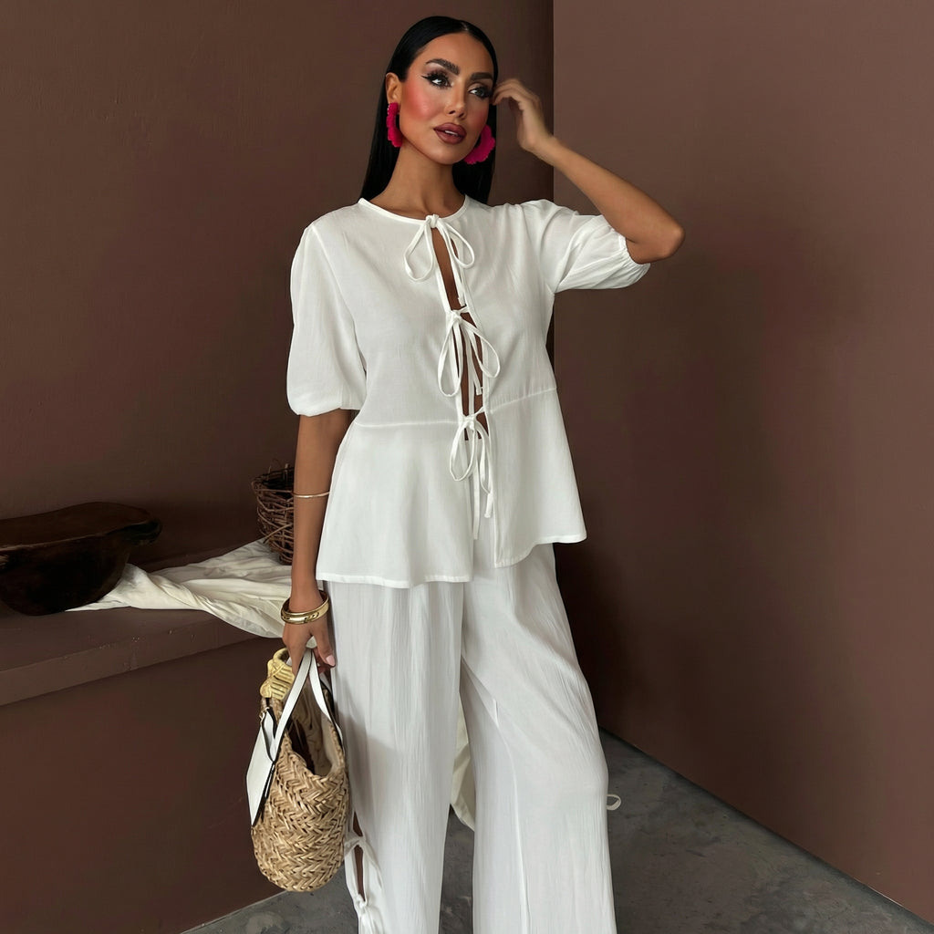White Crinkle Front Tie Top and Slit Trousers Co-ord Set