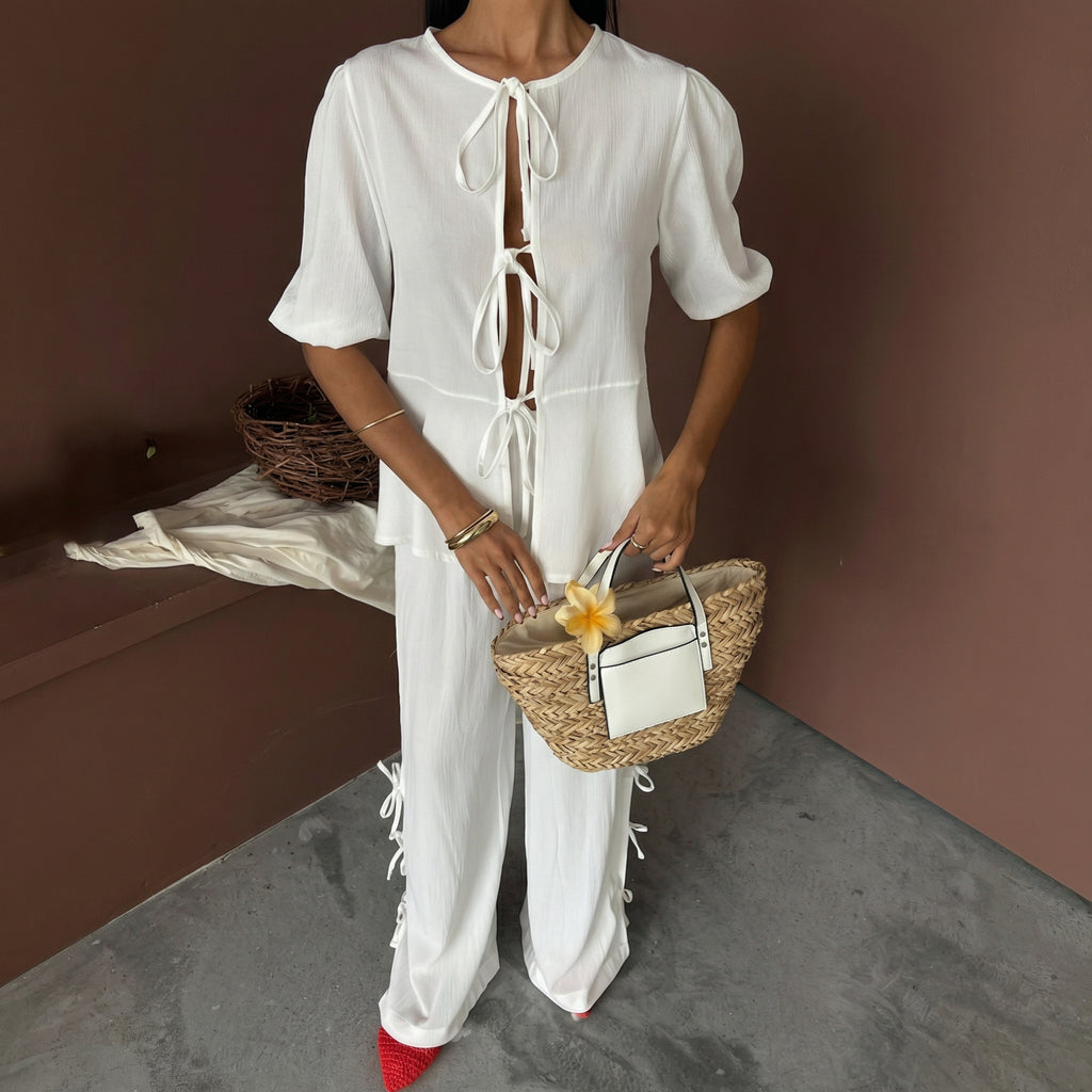 White Crinkle Front Tie Top and Slit Trousers Co-ord Set