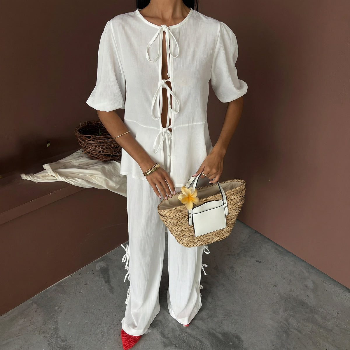 White Crinkle Front Tie Top and Slit Trousers Co-ord Set