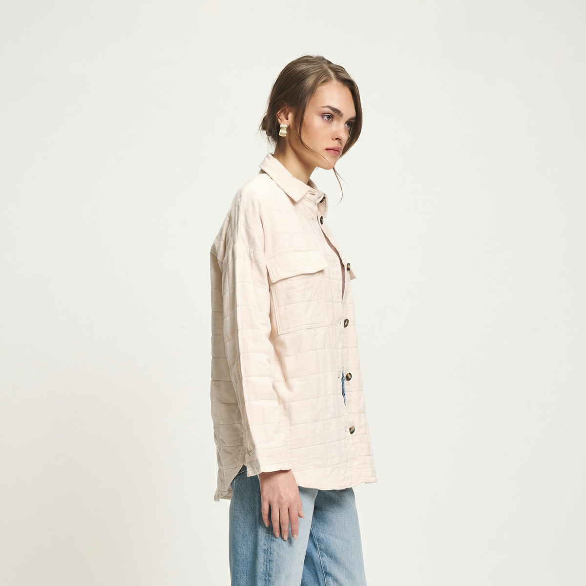 Beige, oversized Stepp-Casual-Shirt mit Polokragen