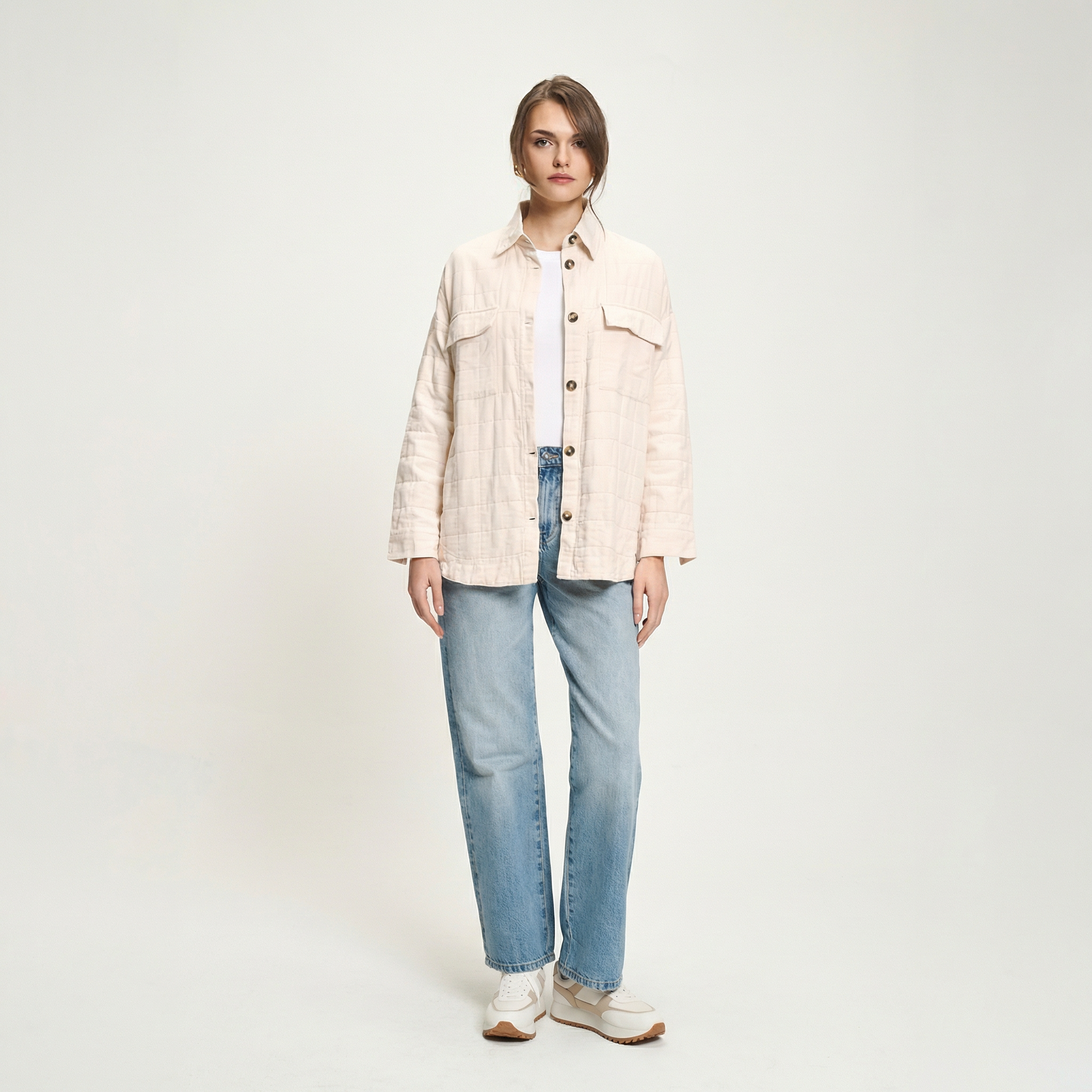 Beige, oversized Stepp-Casual-Shirt mit Polokragen