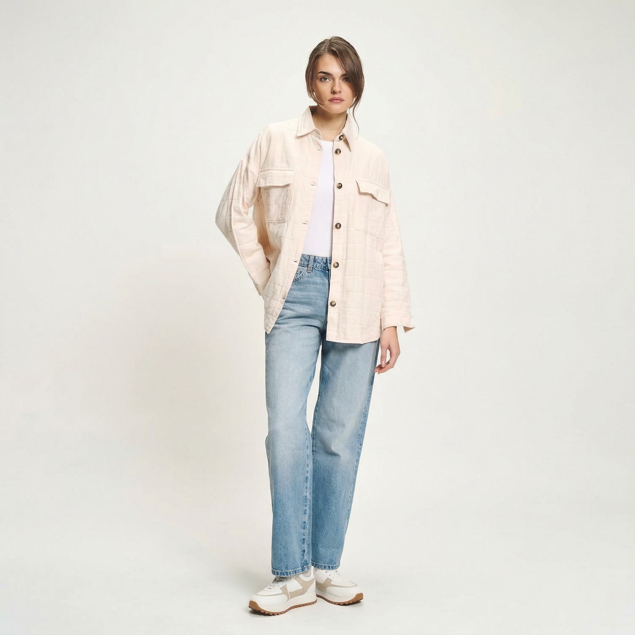 Beige, oversized Stepp-Casual-Shirt mit Polokragen