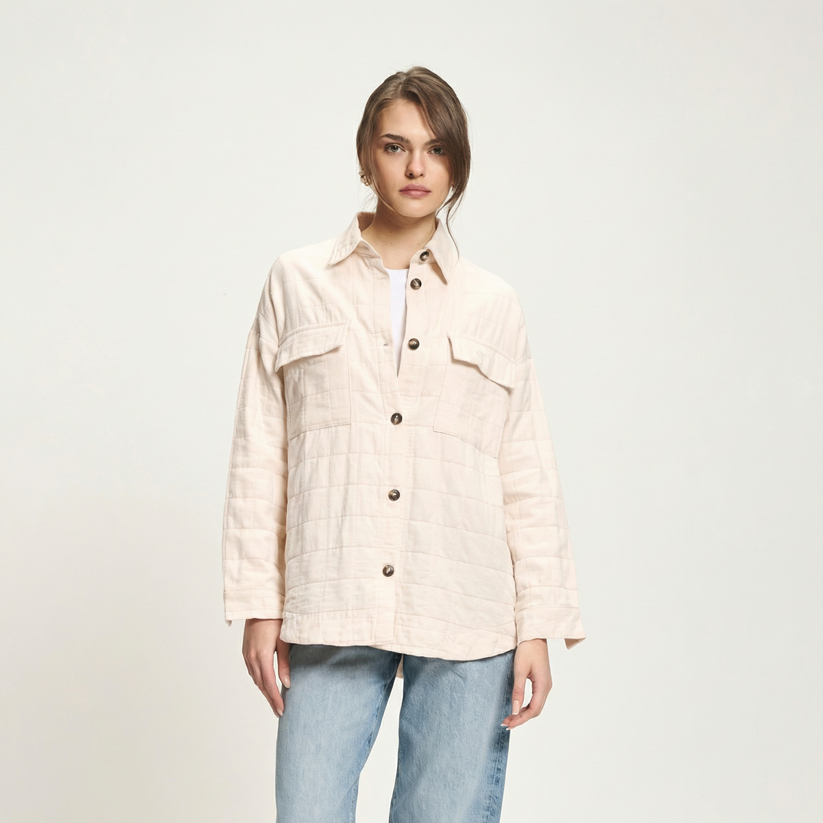 Beige, oversized Stepp-Casual-Shirt mit Polokragen