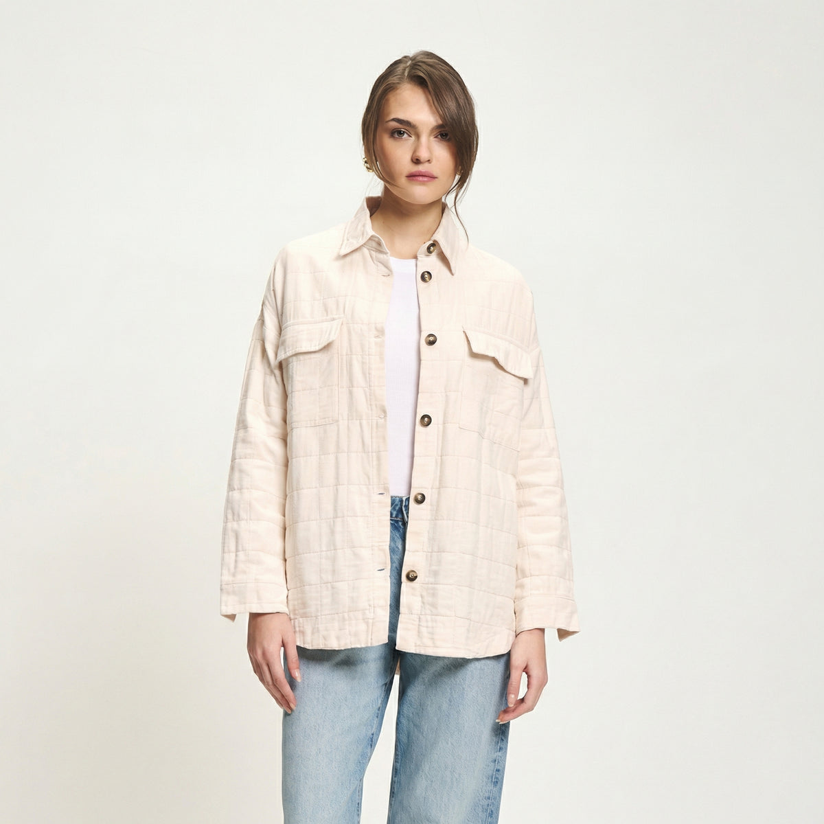 Beige, oversized Stepp-Casual-Shirt mit Polokragen