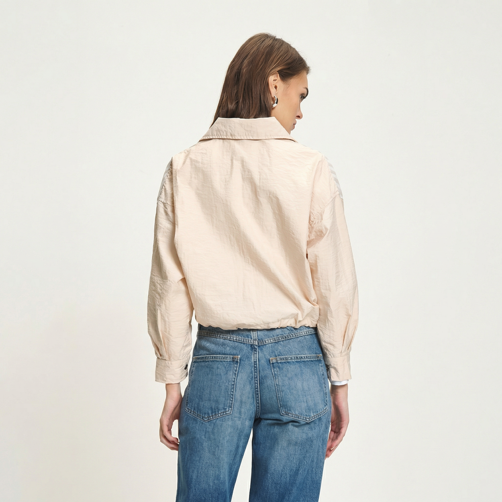 Oversized Cropped Shacket Jacket in Beige with Striped Detail