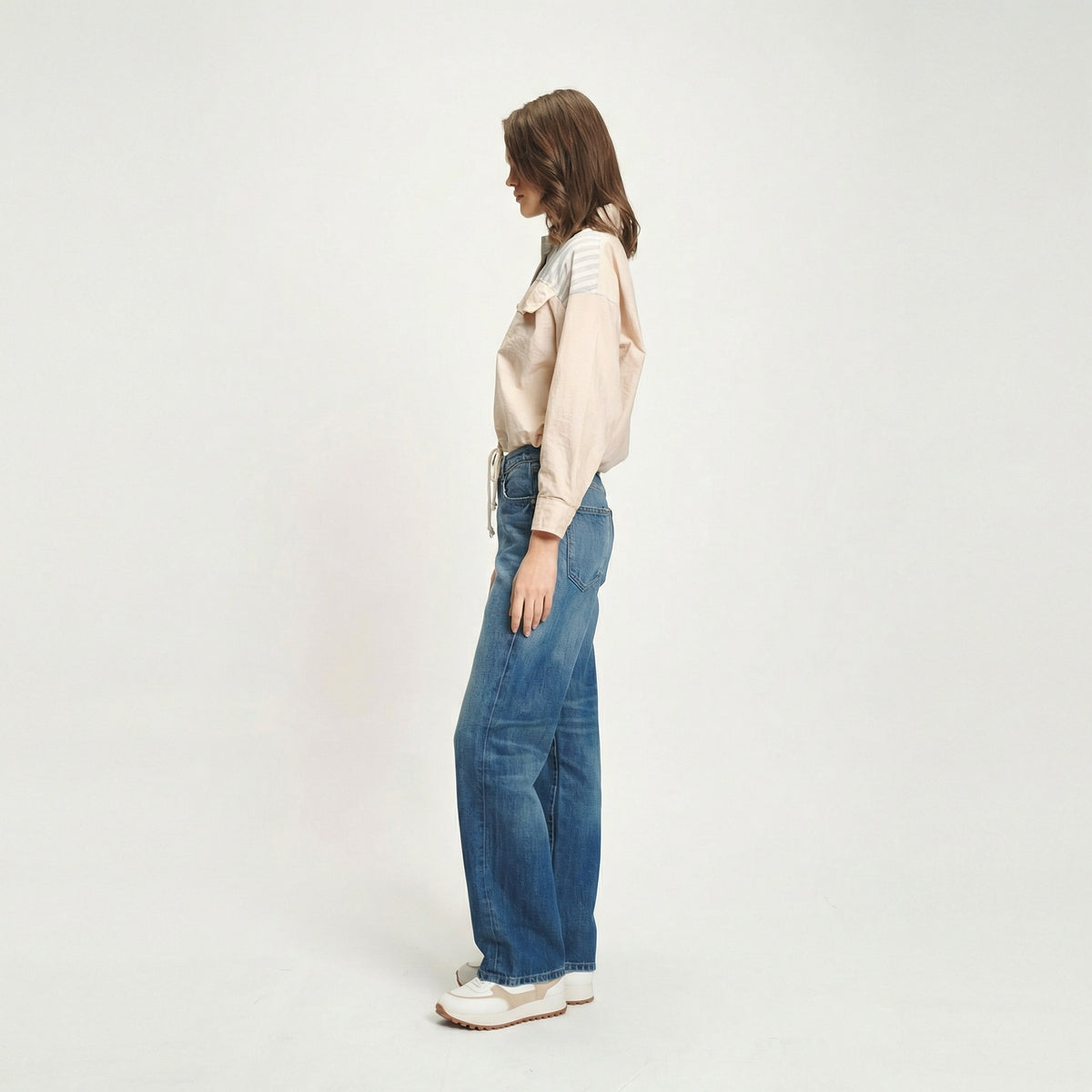 Oversized Cropped Shacket in Beige mit Streifenmuster